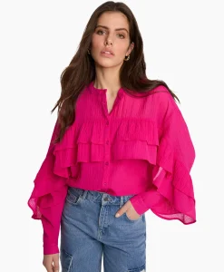 Blouse Woven Structured Chiffon Ruffle Roze^Alix The Label Outlet