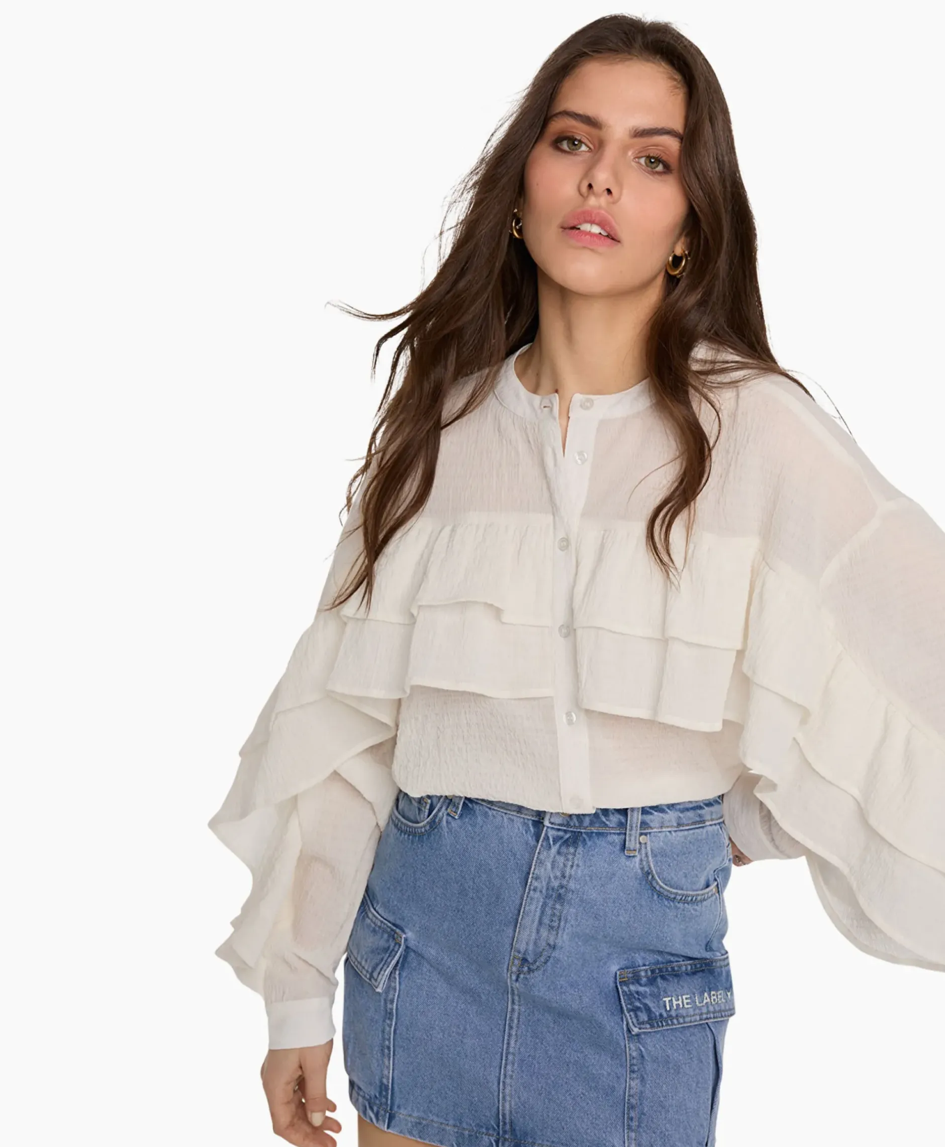 Blouse Woven Structured Chiffon Ruffle Ecru^Alix The Label