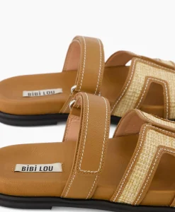 Sandaal Zonder Hak Leather And Rafia Licht Bruin^Bibi Lou New